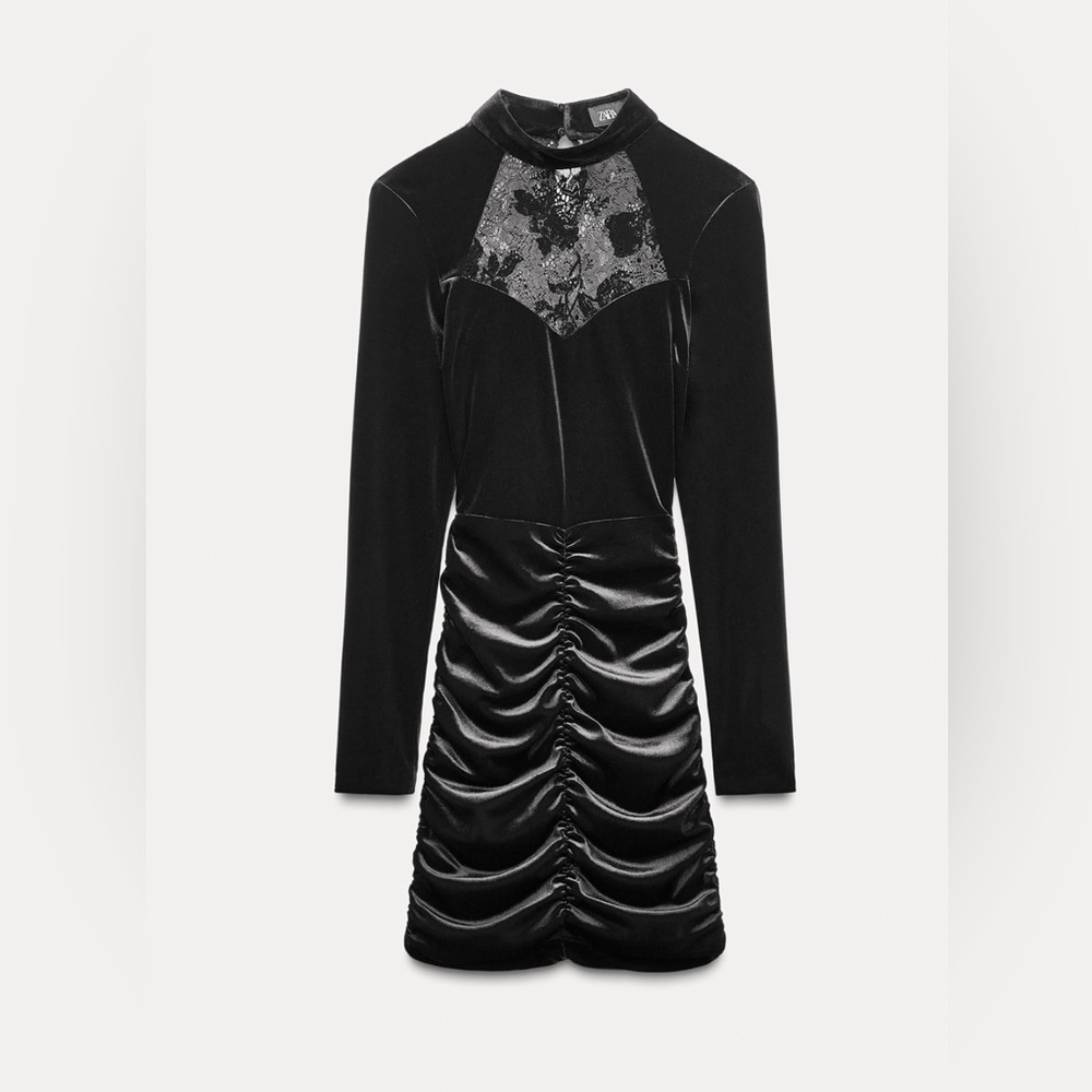 Zara Black Velvet Mini Dress with Lace Accent - Picture 3 of 9